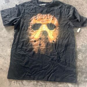 Black and Orange Short Sleeve Tee with Graphic Mask Design